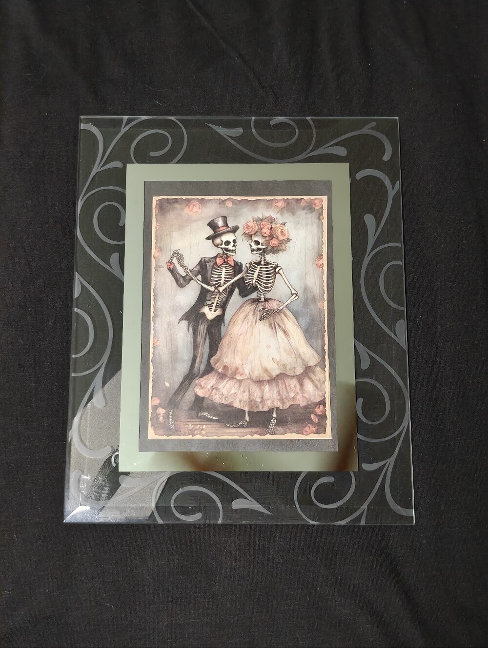 Gothic Dancing Skeleton Couple Art Beveled Glass Mirrored Frame (8 x 10)